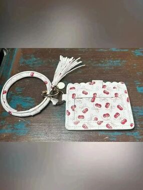 New Cherry Print Card Holder with Tassel - White and Red